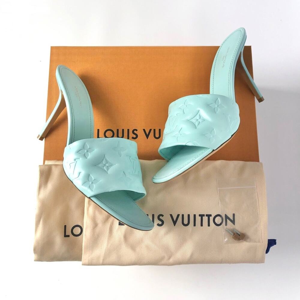 NIB Louis Vuitton Revival Monogram Emboss Leather Heeled Mules Sandals 41 - Picture 2 of 12